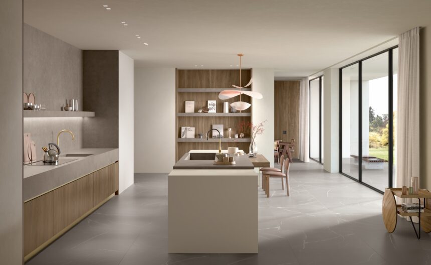 Tendencia cocinas Fokos Roccia_Legno Venezia Noce_Porfido Marrone_Pietra Piasentina Grigio_Render (1) Reformar cocina en 2026: materiales, diseño y tendencias reales que ya están marcando el sector